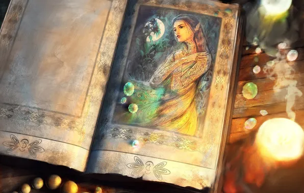 Картинка девушка, луна, эльф, свечи, фэнтези, арт, бусы, книга