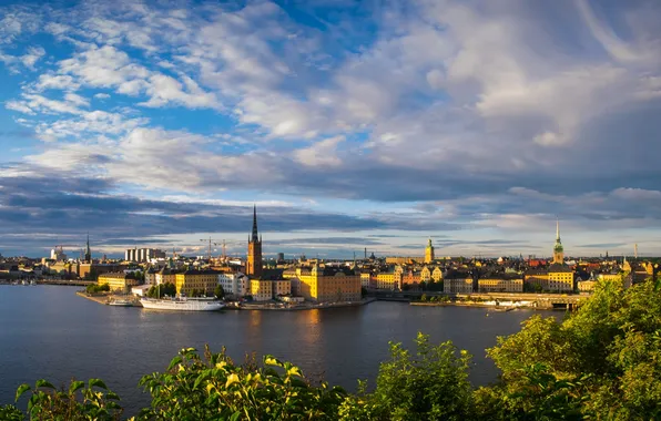 Река, дома, корабли, Швеция, набережная, Stockholm