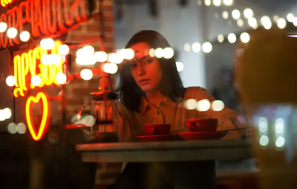 Blouse, model, chair, women, bokeh, window, brunette, coffee