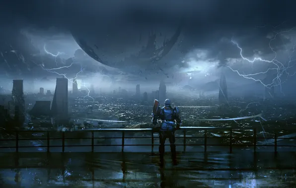 Город, фантастика, человек, арт, сфера, Bungie, Activision, destiny 2