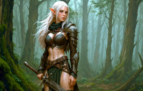 Картинка girl, sword, fantasy, forest, cleavage, armor, trees, digital art