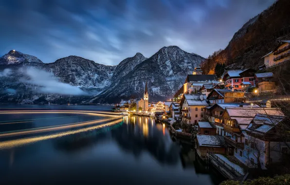 Картинка пейзаж, горы, ночь, озеро, дома, Австрия, Альпы, Austria