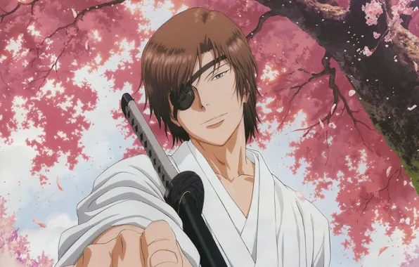 Катана, сакура, самурай, сидит, цветение, повязка на глаз, sengoku basara, Masamune Date
