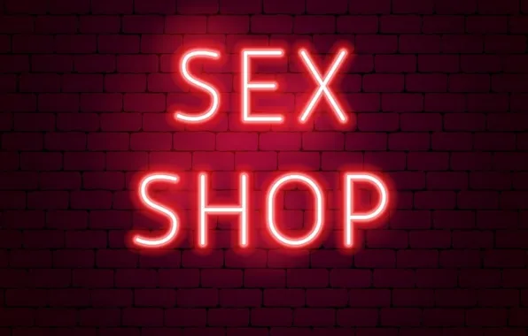 Стена, текстура, неон, вывеска, слова, sex, shop, неоновая вывеска