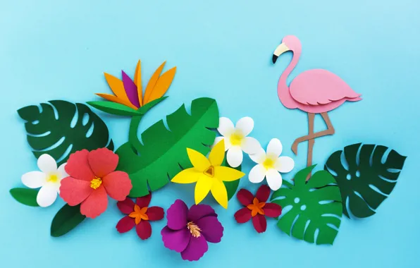 Цветы, рендеринг, узор, colorful, фламинго, flowers, композиция, rendering