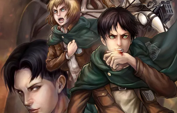 Аниме, арт, Микаса, Shingeki no Kyojin, Эрен Йегер, Атака титанов, Вторжение гигантов, Леви