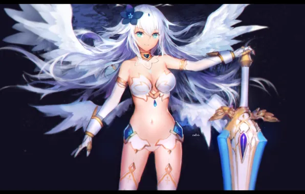 Девушка, улыбка, оружие, крылья, меч, аниме, арт, hyperdimension neptunia