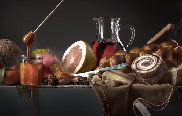 Кокос, сыр, мед, мясо, корица, грейпфрут, булка, мандарин