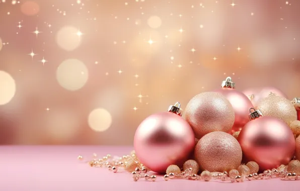 Украшения, фон, розовый, шары, Новый Год, Рождество, golden, new year