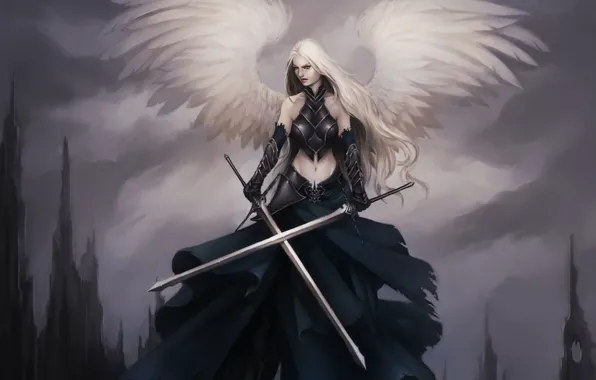 Картинка девушка, оружие, скалы, крылья, ангел, меч, перья, арт