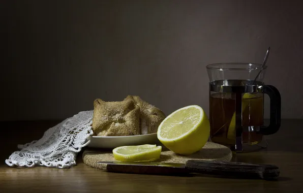 Картинка лимон, чай, булочка