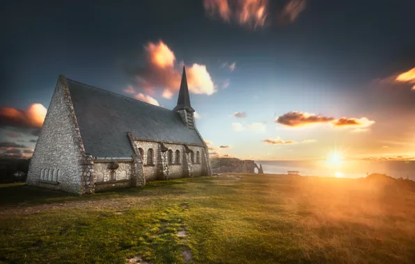 Картинка свет, утро, Chapelle d'Etretat