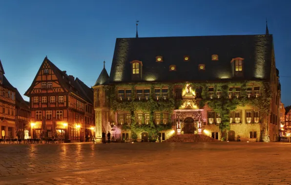 Огни, дома, вечер, Германия, площадь, Rathaus, Quedlinburg