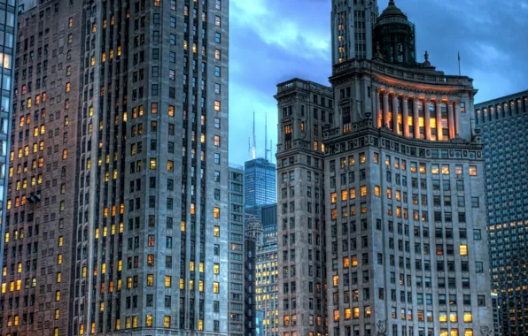 Картинка огни, здания, небоскребы, вечер, USA, америка, чикаго, Chicago