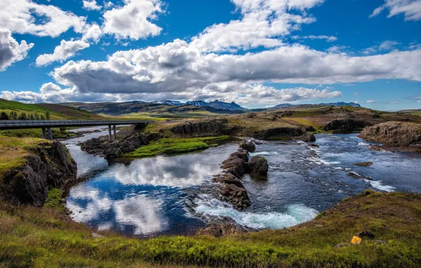 Картинка лето, небо, облака, речка, Исландия
