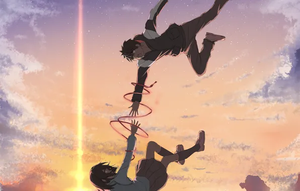 Небо, девушка, падение, арт, парень, двое, Kimi no Na wa