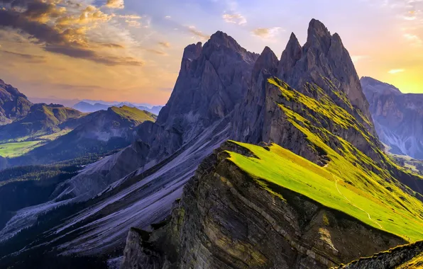 Облака, Италия, Italy, Доломитовые Альпы, Dolomites, Простор, Seceda Peak, тень и свет