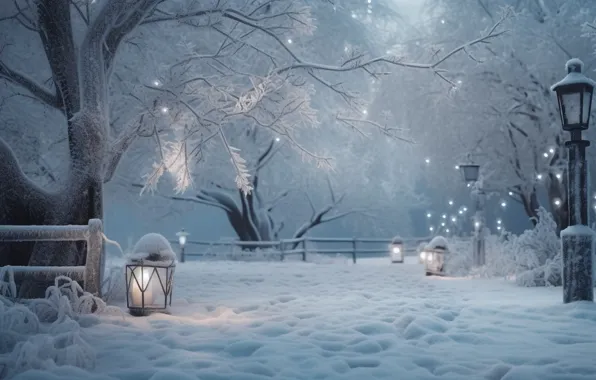 Картинка зима, снег, деревья, снежинки, ночь, lights, парк, улица