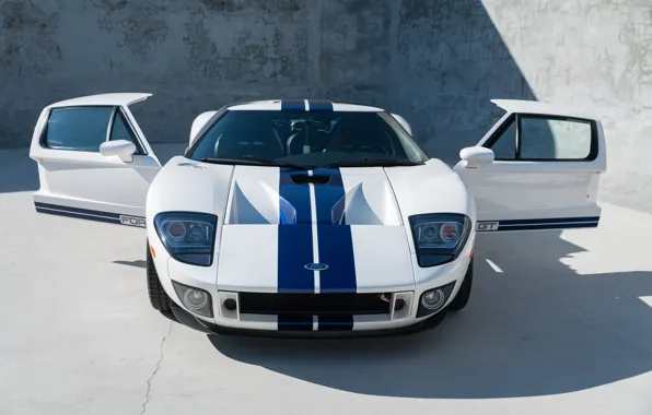 Белый, Суперкар, Передок, Американский автомобиль, Синие полосы, 2005 Ford GT