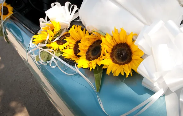 Картинка цветы, автомобиль, свадьба, подсолнечника