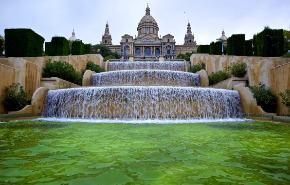 Вода, Испания, Барселона, Каталония, каскады, национальный дворец, музей искусства