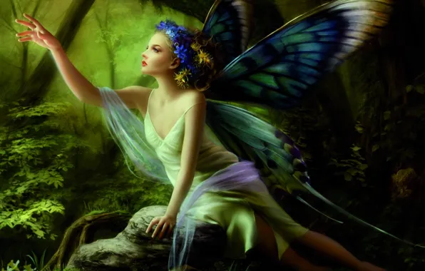 Лес, девушка, бабочки, цветы, камень, рука, крылья, фея