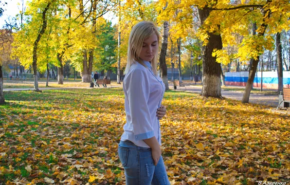 Осень, попка, грудь, листья, девушка, деревья, природа, поза