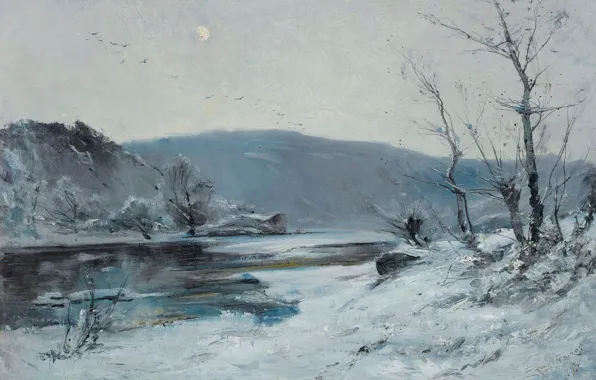 Картинка пейзаж, картина, Эмиль Нуаро, На Луаре. Зима, Emile Noirot