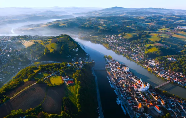 Картинка river, Germany, Bavaria, town, aerial view, Passau, Danube