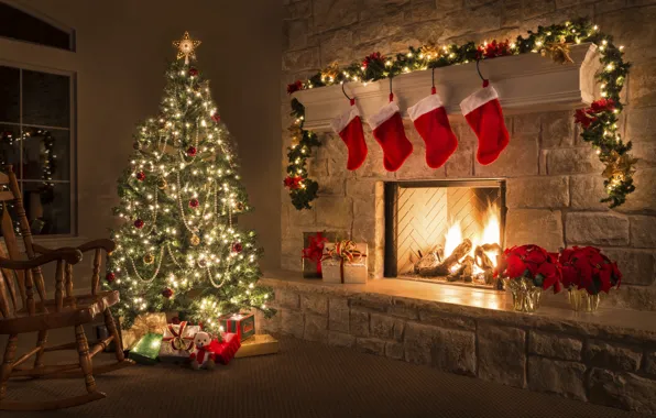 Картинка огни, праздник, елка, новый год, камин, гирлянды