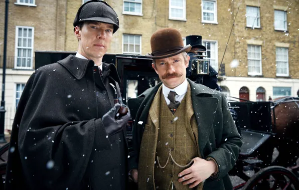 Картинка снег, Шерлок Холмс, Мартин Фриман, Бенедикт Камбербэтч, Sherlock, Sherlock BBC, Sherlock Holmes, Джон Ватсон