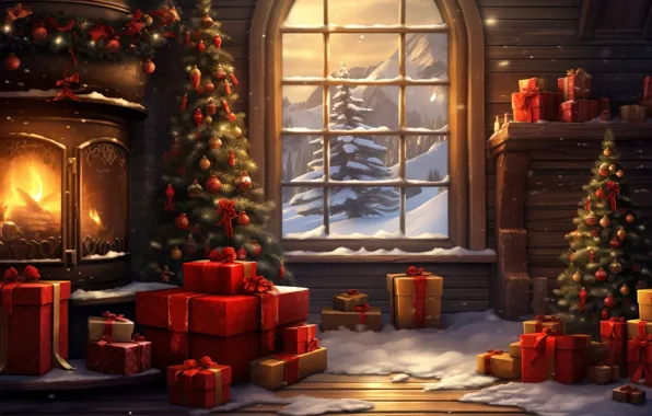 Картинка снег, украшения, комната, шары, елка, интерьер, Новый Год, Рождество