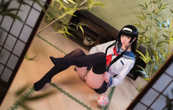 Картинка Asian, black stockings, stockings, women, schoolgirl, sailor uniform, Hoshilily