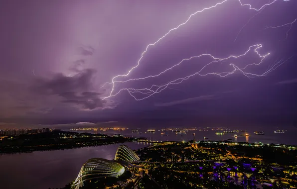 Гроза, ночь, город, молния, Сингапур