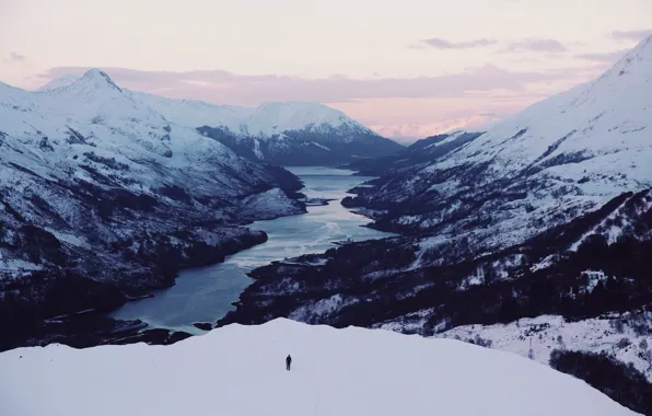 Sunset, winter, mountains, lake, person