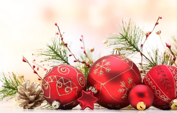 Картинка шары, узоры, игрушки, звезда, ветка, Новый Год, Рождество, красные