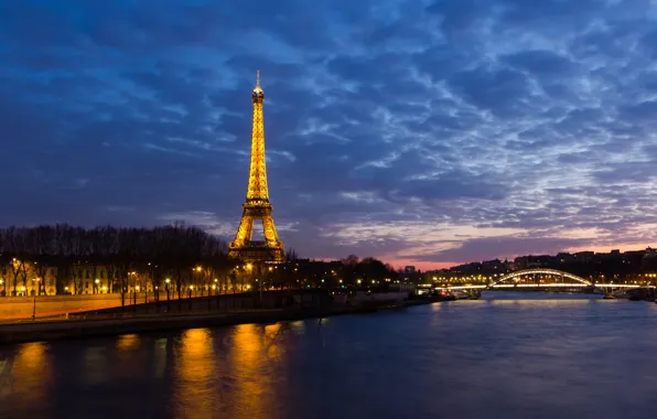 Ночь, огни, река, эйфелева башня, Франция, Париж, Paris