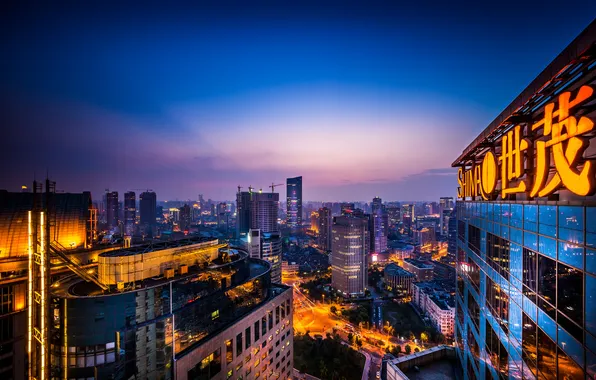 Картинка небо, здания, Китай, Шанхай, сумерки, уличные фонари