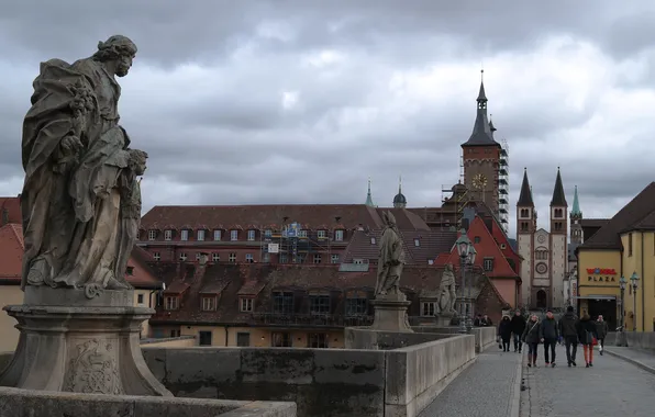 Картинка мост, люди, башня, дома, Германия, Бавария, собор, Вюрцбург