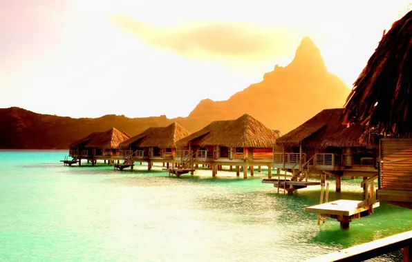 Ocean, sunset, Bora-Bora, bungalows