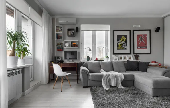 Дизайн, стиль, интерьер, гостиная, Квартира Холостяка, Compact Bachelor Haven in Moscow