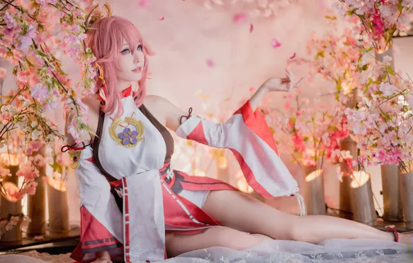 Взгляд, цветы, поза, cosplay, Ely, Genshin Impact, Yae Miko, Яэ Мико
