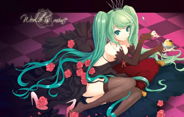 Картинка розы, чулки, корона, лежит, перчатки, пирожное, vocaloid, hatsune miku