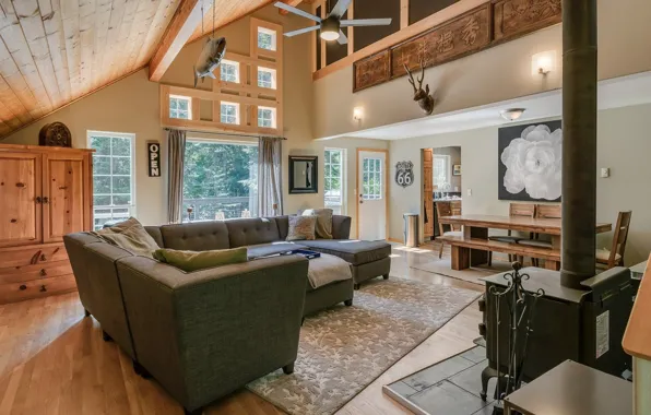 Интерьер, камин, гостиная, столовая, ранчо, деревенский дом, The Rustic at Lake Wenatchee