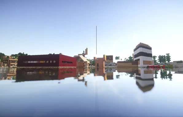Небо, вода, отражение, дома, Minecraft