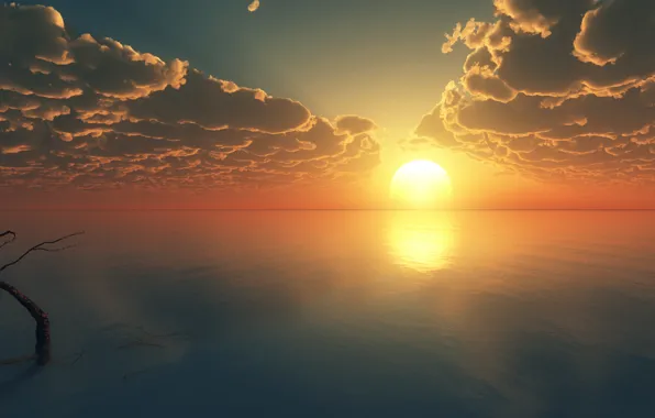 Картинка море, небо, солнце, облака, закат