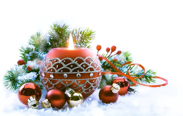 Снег, праздник, игрушки, новый год, свеча, ель, декорации, happy new year