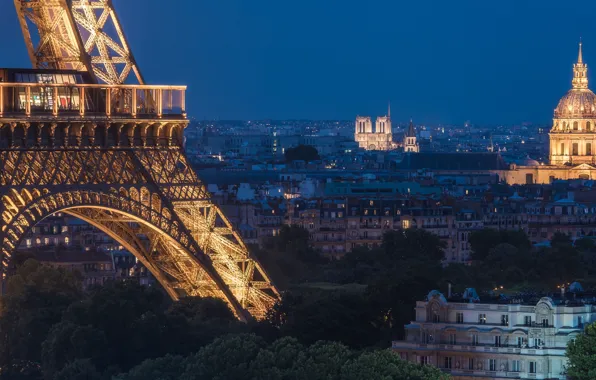 Франция, Париж, дома, панорама, Эйфелева башня, Paris, ночной город, Собор Парижской Богоматери