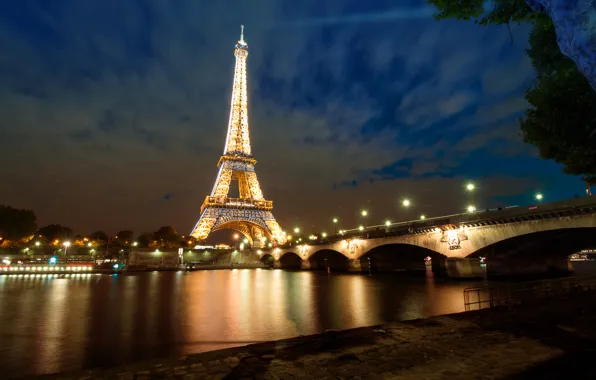 Ночь, мост, огни, река, Франция, Париж, Сена, Эйфелева башня