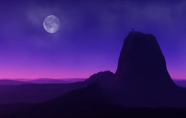 Пейзаж, ночь, луна, гора